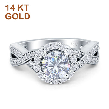 Round Halo Split Shank Twisted Gold Ring